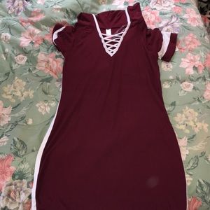 Maroon dress.